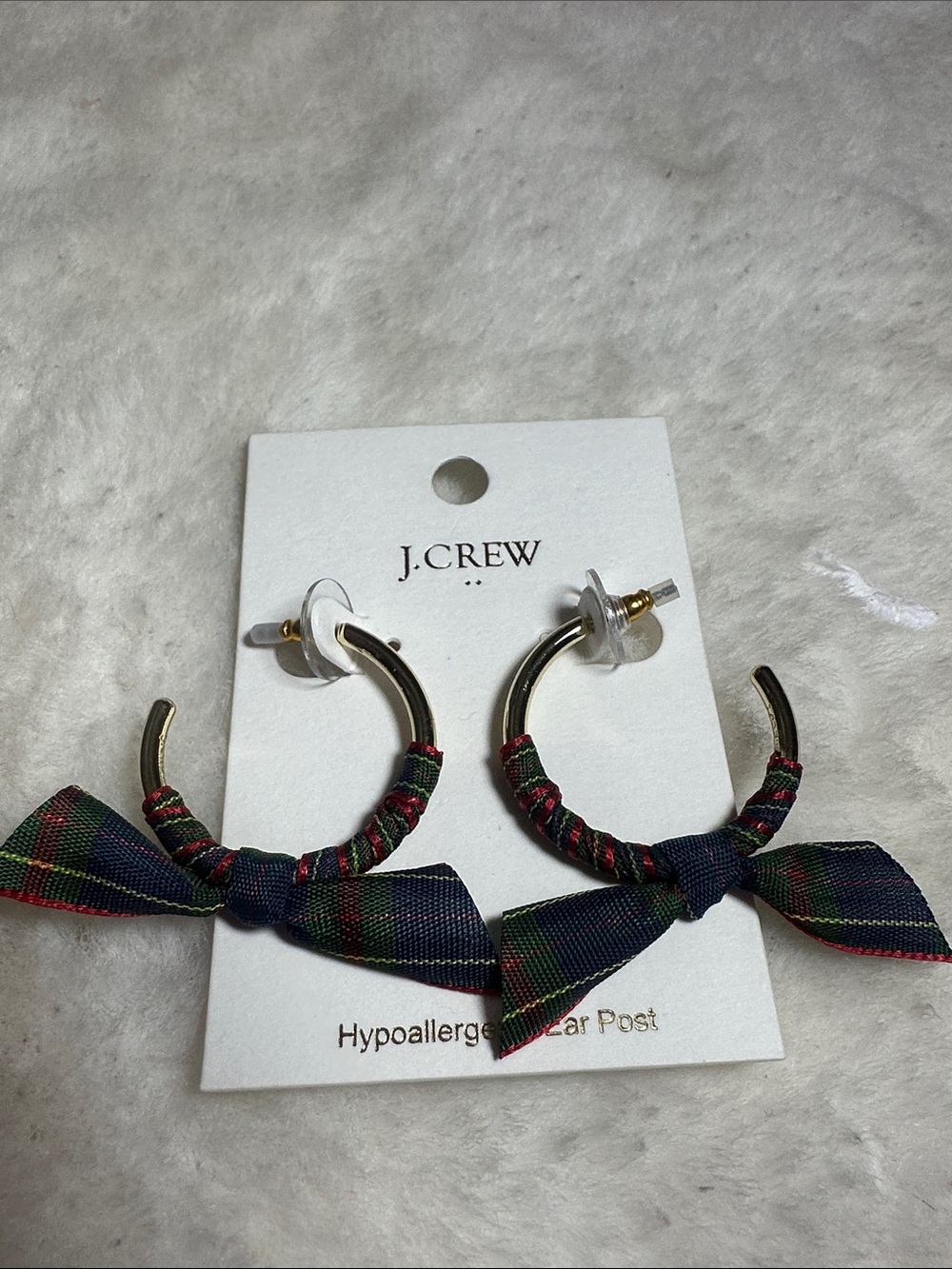 J.Crew gold hoops with Christmas gingham ribbon